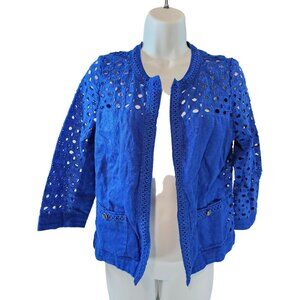 Chico's Chicos Blue Eyelet Jacket Shirt Size 0 Approx Size 4 Small Linen Cotton